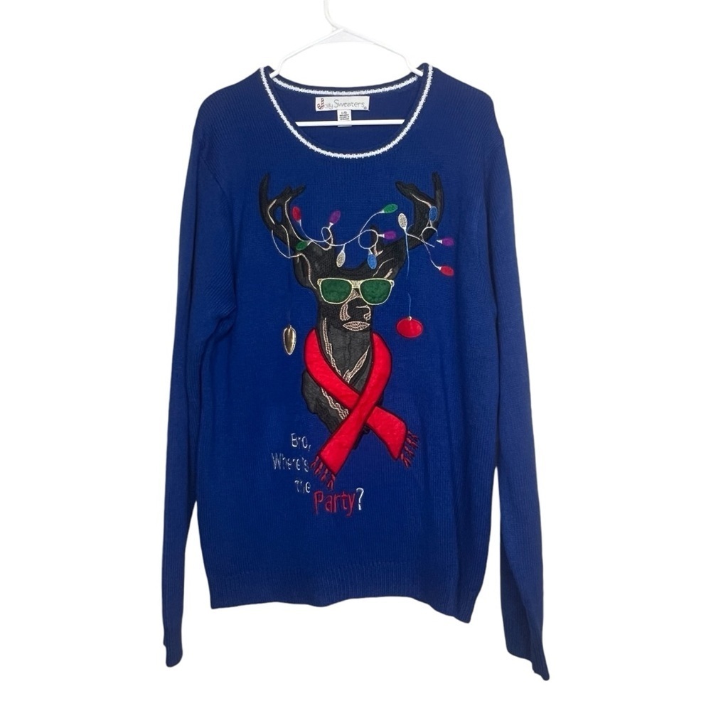 Jolly Sweaters Christmas Sweater Reindeer Blue Where’s The Party Bro Size Large